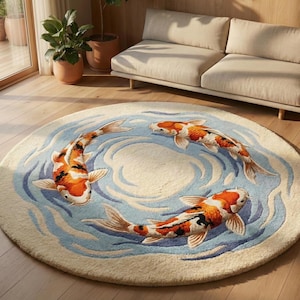Circular rug for coffee table with nature inspired theme