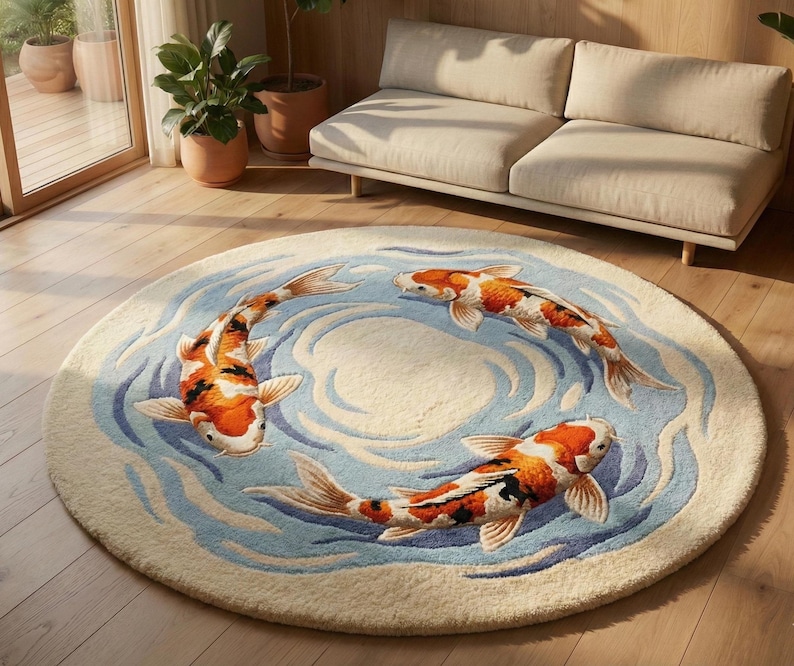 Circular rug for coffee table with nature inspired theme