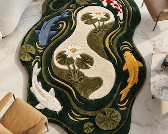 Koi Pond Area Rug | Irregular Shaped 3D Carved Carpet | Lily Pad & Fish Rug | Organic Puddle Rug | Japandi Zen Water Garden Decor