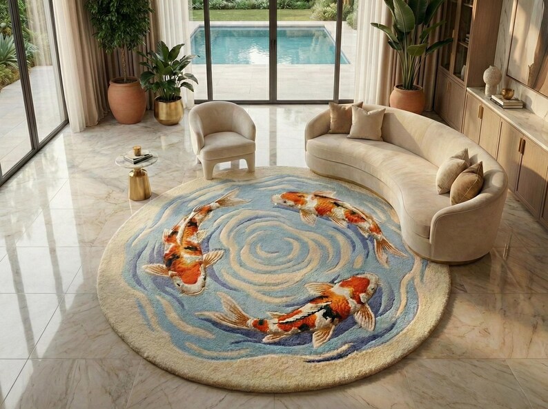 Blue and orange water ripple rug for modern home interior