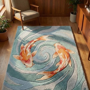 Hand-tufted wool area rug featuring two orange koi fish in a yin yang circle with blue water swirls.
