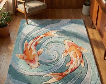 Koi Fish Rug, Hand Tufted Japanese Art Carpet, Yin Yang Wool Area Rug, Ocean Blue Water Floor Mat, Zen Garden Home Decor, Custom Size