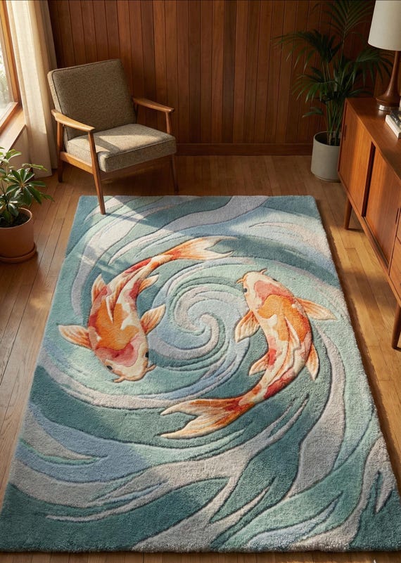 Koi Fish Rug, Hand Tufted Japanese Art Carpet, Yin Yang Wool Area Rug, Ocean Blue Water Floor Mat, Zen Garden Home Decor, Custom Size