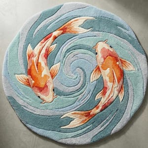 Koi Fish Rug, Hand Tufted Japanese Art Carpet, Yin Yang Wool Area Rug, Ocean Blue Water Floor Mat, Zen Garden Home Decor, Custom Size image 11