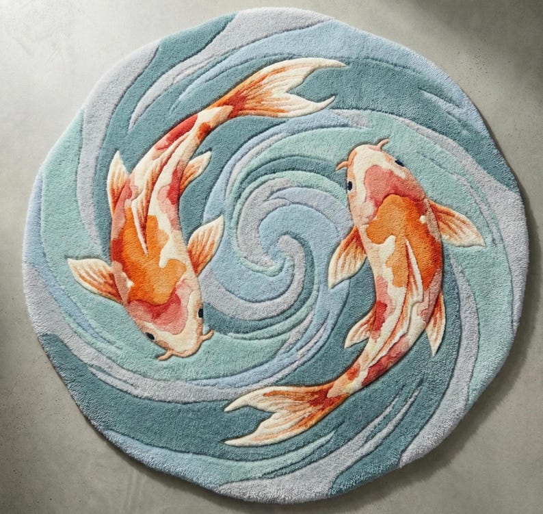 Koi Fish Rug, Hand Tufted Japanese Art Carpet, Yin Yang Wool Area Rug, Ocean Blue Water Floor Mat, Zen Garden Home Decor, Custom Size image 11