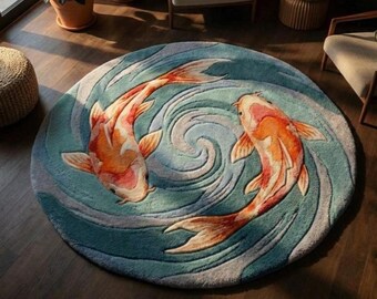 Yin Yang Koi Fish Rug, Round Tufted Rug, Japanese Zen Decor, 3D Water Ripple Mat, Coastal Living Room Carpet, Good Luck Gift, Meditation Mat
