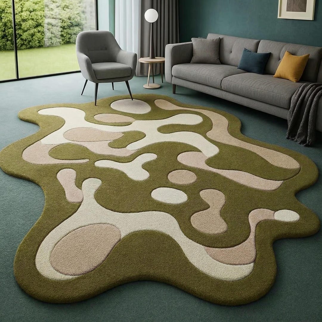 Irregular Shape Rug, Olive Green Amoeba Mat, Modern Organic Decor ...