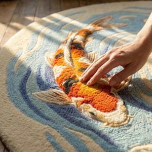 Japanese aesthetic living room decor with circular fish rug