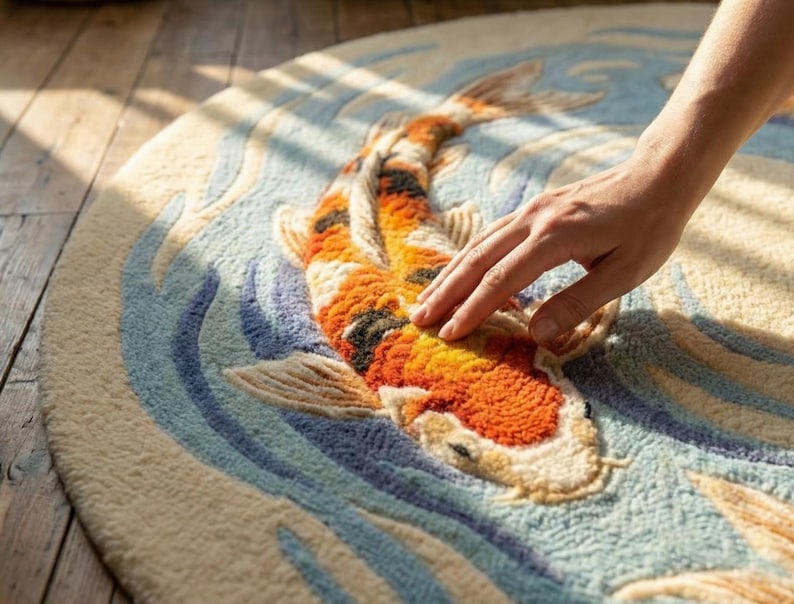 Japanese aesthetic living room decor with circular fish rug