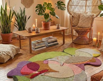 Alfombra abstracta de lana neozelandesa tejida a mano: moderna alfombra multicolor de forma libre