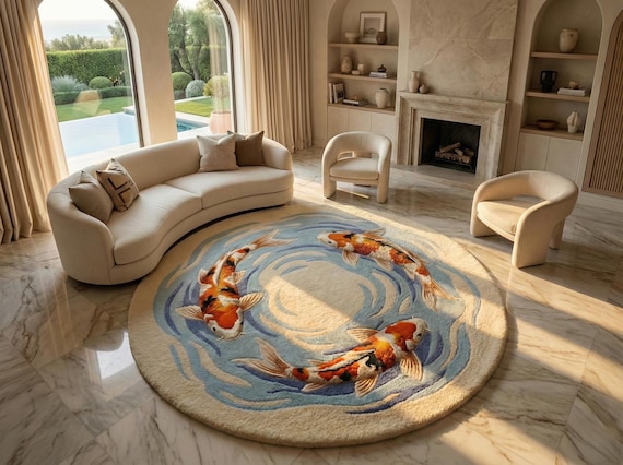 Large Round Koi Fish Rug, Hand Tufted Wool Carpet, Japanese Zen Decor, 3D Ocean Water Mat, Feng Shui Good Luck Living Room Rug