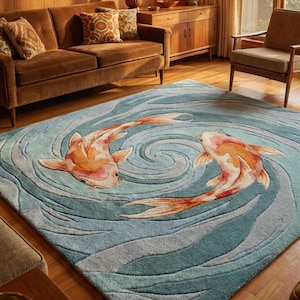 Luxury statement rug with intricate koi fish details and wave design, eclectic home decor.