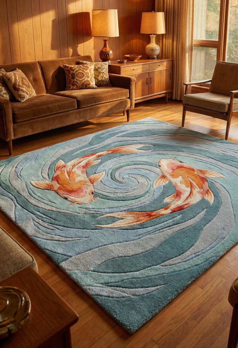 Luxury statement rug with intricate koi fish details and wave design, eclectic home decor.