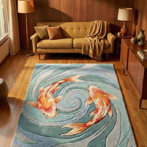 Unique handmade animal rug, orange and white koi fish on blue ocean background for bedroom.