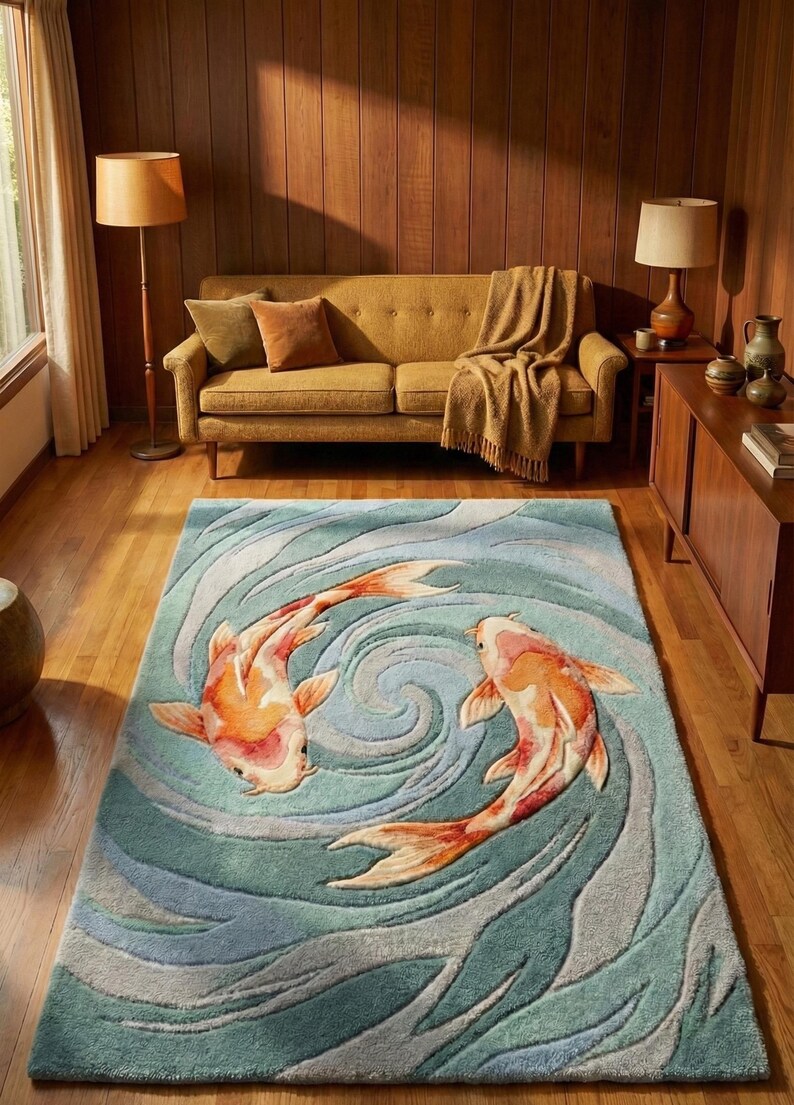 Unique handmade animal rug, orange and white koi fish on blue ocean background for bedroom.