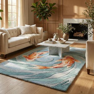 Unique handmade animal rug, orange and white koi fish on blue ocean background for bedroom.