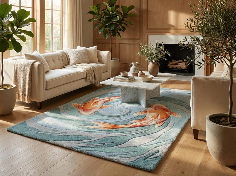 Unique handmade animal rug, orange and white koi fish on blue ocean background for bedroom.