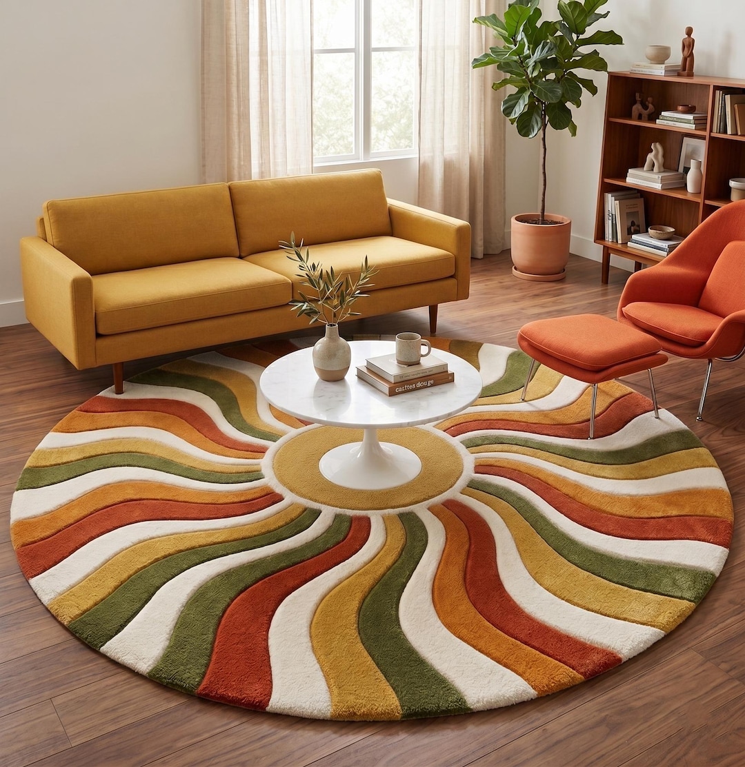 70s Rug Patterns Round 70s Retro Wavy Sunburst Rug | Mid Century Modern Area Rug ...