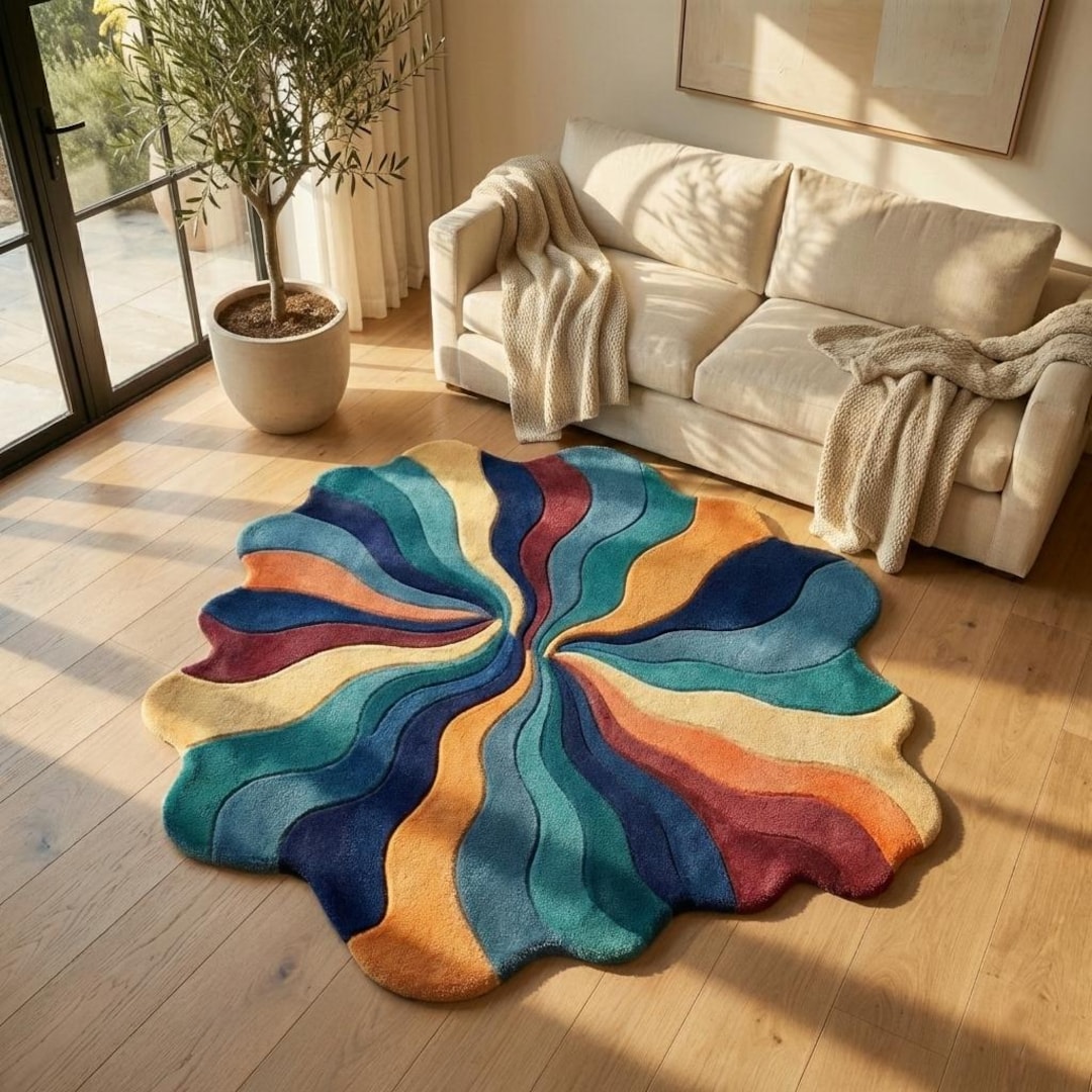 Maximilast Rug Irregular Shape Rug, Retro 70s Colorful Swirl Carpet, Hand Tufted ...