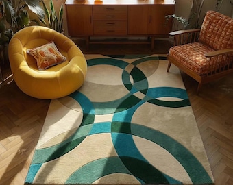 Mid Century Modern Geometric Area Rug | Retro Tufted Wool Rug for Living Room | Custom Shape Vintage Style mcm rug, 8x10 & All Sizes