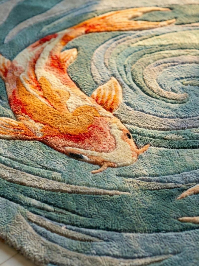 Japanese aesthetic koi fish rug with 3D textured water ripples, handmade blue and teal floor carpet.