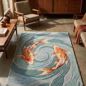 Artistic floor covering featuring yin yang koi fish, plush handmade rug for modern homes.