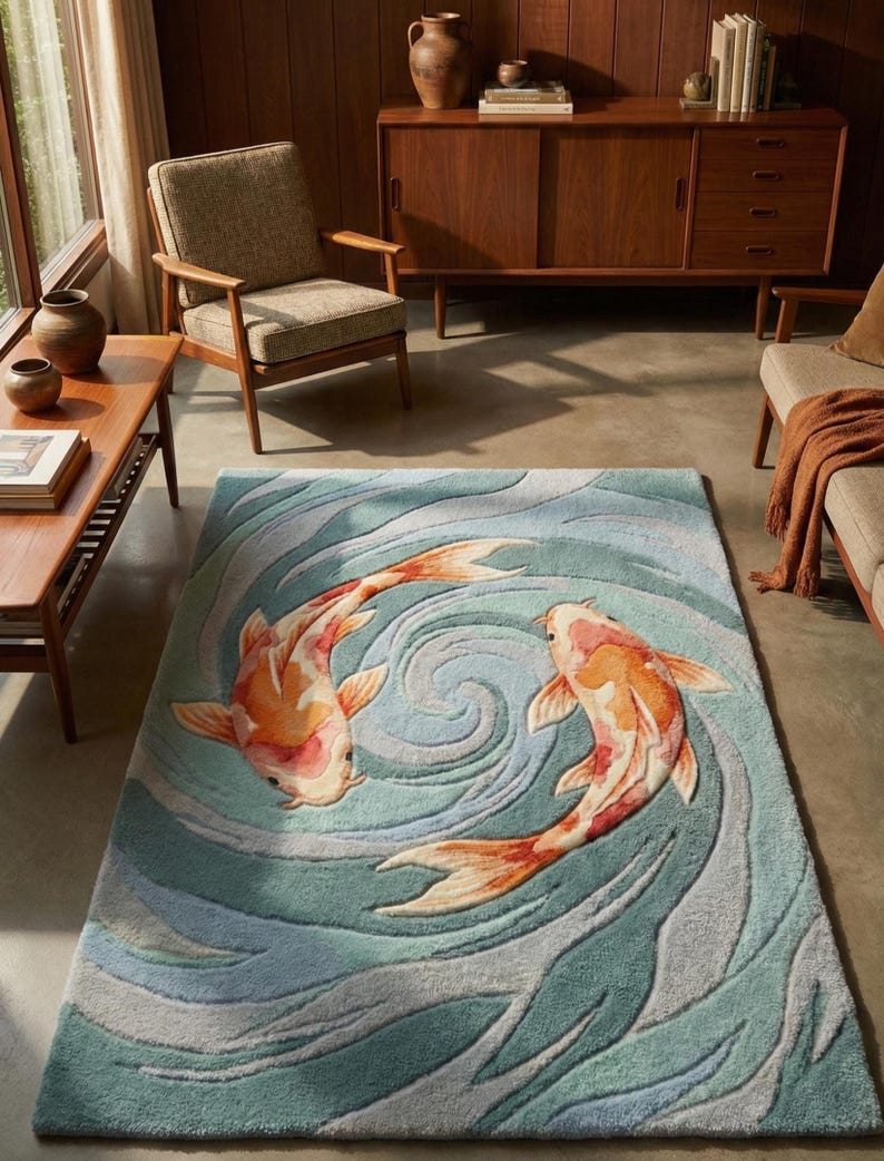 Artistic floor covering featuring yin yang koi fish, plush handmade rug for modern homes.