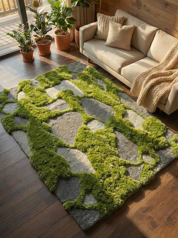 Hand Tufted Wool Moss Rug, 3D Forest Floor, Biophilic Decor