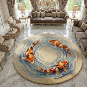 Zen garden inspired floor mat featuring swimming koi carp