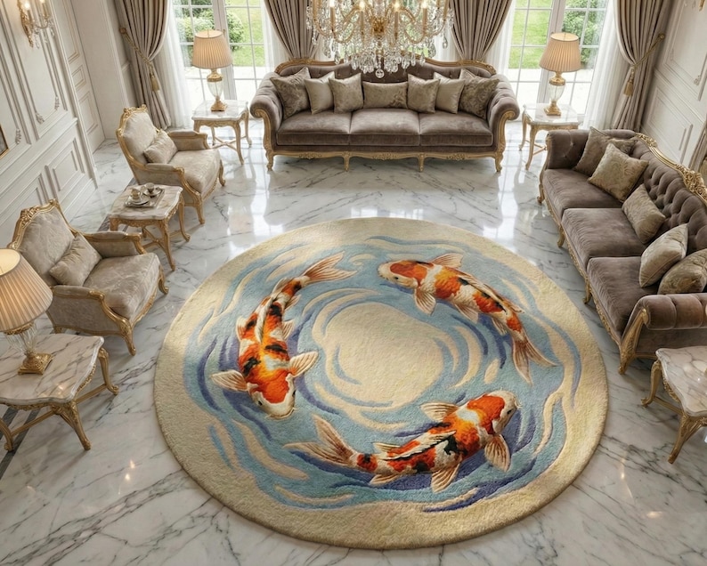 Zen garden inspired floor mat featuring swimming koi carp