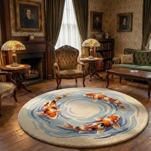 Artistic floor covering with realistic koi fish and water waves