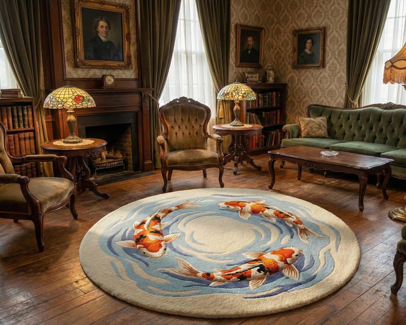 Artistic floor covering with realistic koi fish and water waves