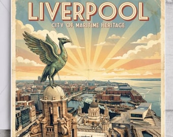 Vintage Liverpool Greeting Card – Liver Bird Travel Poster Art, Gift Tag Included