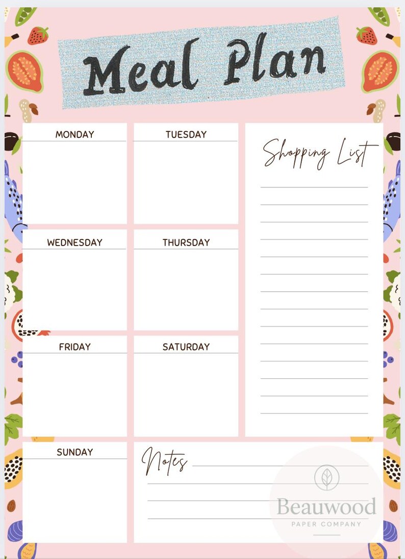 Pink Weekly Meal Planner Printable – A4 Food Design With Shopping List ...
