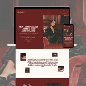 May include: A laptop and smartphone show a website with the text "Stop Guessing, Start Growing Your Business Now." The website features a woman holding a drink. The website's colour scheme is burgundy and white.