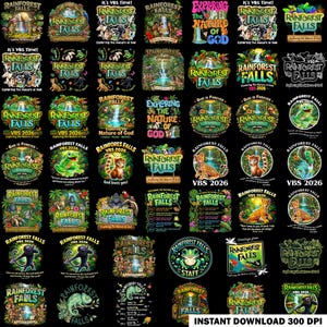 May include: A collection of digital graphic designs featuring Rainforest Falls VBS 2026 themes. The images display vibrant illustrations of rainforest animals, waterfalls, and lush foliage, accompanied by text such as Exploring the Nature of God.