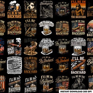 May include: A black fabric pattern featuring repeating graphic illustrations of whiskey glasses, cigars, and the text I'll be in the Backyard. Various designs include American flags, a gorilla, and a dog, all set against a dark background.