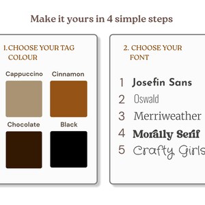 Op de afbeelding: Een aanpassingsgids met de titel Make it yours in 4 simple steps. Het linkergedeelte toont vier labelkleuropties: Cappuccino, Cinnamon, Chocolate en Black. Het rechtergedeelte bevat vijf lettertypekeuzes: Josefin Sans, Oswald, Merriweather, Morally Serif en Crafty Girls.