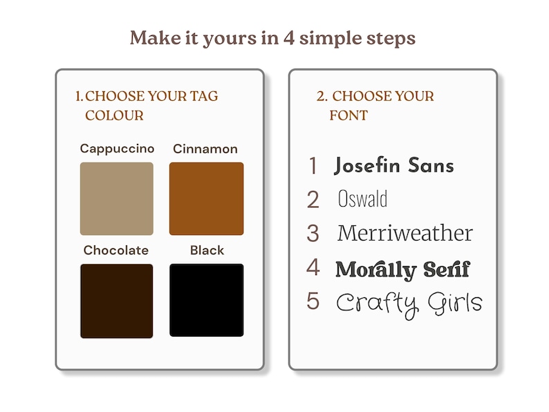 Op de afbeelding: Een aanpassingsgids met de titel Make it yours in 4 simple steps. Het linkergedeelte toont vier labelkleuropties: Cappuccino, Cinnamon, Chocolate en Black. Het rechtergedeelte bevat vijf lettertypekeuzes: Josefin Sans, Oswald, Merriweather, Morally Serif en Crafty Girls.