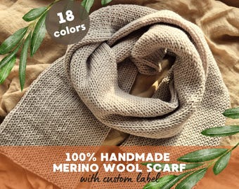 Personalised Merino Wool Scarf, Custom Engraved Tag, Winter Gift