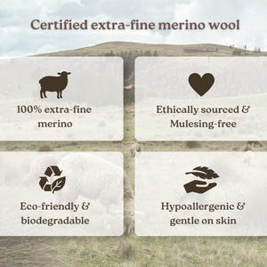 Op de afbeelding: Een informatieve afbeelding over gecertificeerde extra fijne merinowol. Het bevat vier witte rechthoekige panelen met iconen en tekst: 100% extra-fine merino, Ethically sourced & Mulesing-free, Eco-friendly & biodegradable, en Hypoallergenic & gentle on skin.