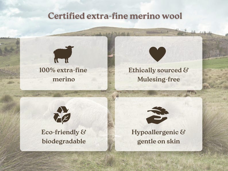 Op de afbeelding: Een informatieve afbeelding over gecertificeerde extra fijne merinowol. Het bevat vier witte rechthoekige panelen met iconen en tekst: 100% extra-fine merino, Ethically sourced & Mulesing-free, Eco-friendly & biodegradable, en Hypoallergenic & gentle on skin.