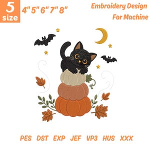 Black Cat Pumpkin Embroidery Design, Halloween Cat Embroidery File, Cute Fall Pumpkin Stack, Spooky Season Design (Instant Download)