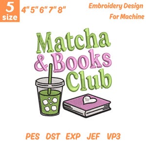 以下が含まれることがあります： 緑とピンクの「Matcha & Books Club」の文字が入った刺繍デザイン。抹茶ドリンクとハートの付いた本が描かれています。サイズは10.16cm、12.7cm、15.24cm、17.78cm、20.32cmで利用可能です。