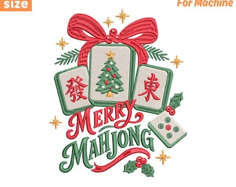 May include: An embroidery design for machine featuring three mahjong tiles, one with a Christmas tree, surrounded by a red bow, holly, and stars. The text reads Merry Mahjong. Includes 5 sizes from 4 to 8 inches and file formats PES, DST, EXP, JEF, VP3, HUS, XXX.