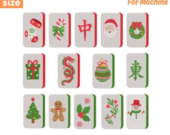 May include: A digital collection of 14 Christmas-themed embroidery designs for machines, featuring icons like a stocking, candy cane, Santa, wreath, gift, dragon, ornament, tree, gingerbread man, holly, and snowman, available in 5 sizes: 2", 3", 4", 5", 6".