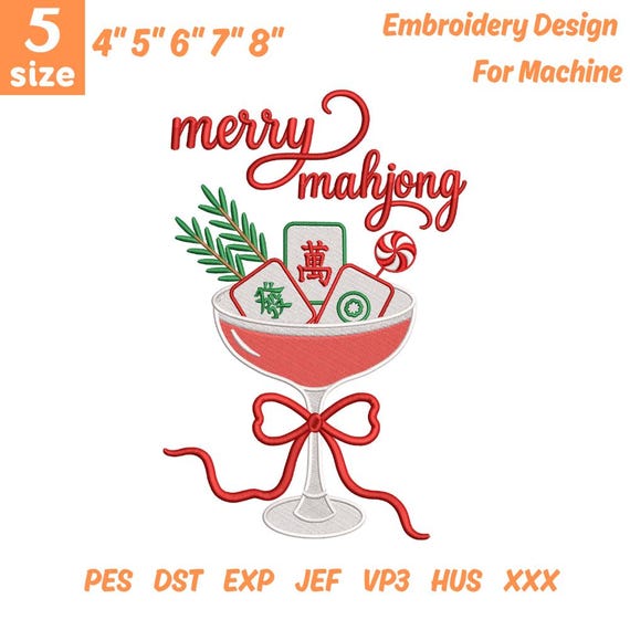 Merry Mahjong Christmas Embroidery Design, Mahjong Tiles Cocktail Machine Embroidery File, Festive Mahjong Holiday Design (Instant Download)