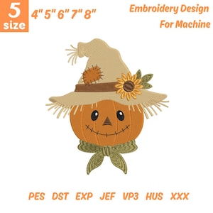 May include: An embroidery design for machine featuring a scarecrow with an orange pumpkin head, a tan straw hat with a brown band and a yellow sunflower, and a green neck tie. Text includes 5 size 4" 5" 6" 7" 8" and file formats PES DST EXP JEF VP3 HUS XXX.