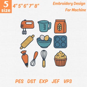 Puede incluir: Diseño de bordado con ilustraciones de utensilios e ingredientes para hornear. Incluye una batidora, taza medidora, bolsa de harina, rodillo, cuenco con huevos, molde para muffins, manga pastelera, batidor y una magdalena. Tamaño del bordado: 10cm a 20cm. Texto: Embroidery Design For Machine.