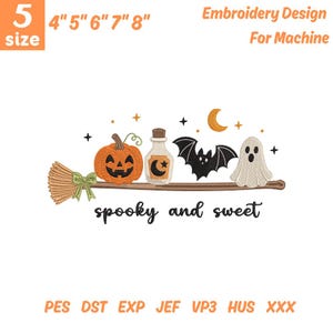 Diseño de bordado espeluznante y dulce, lindo bordado de calabaza fantasma de Halloween, lindo fantasma en escoba de bruja, bordado de otoño (descarga instantánea)